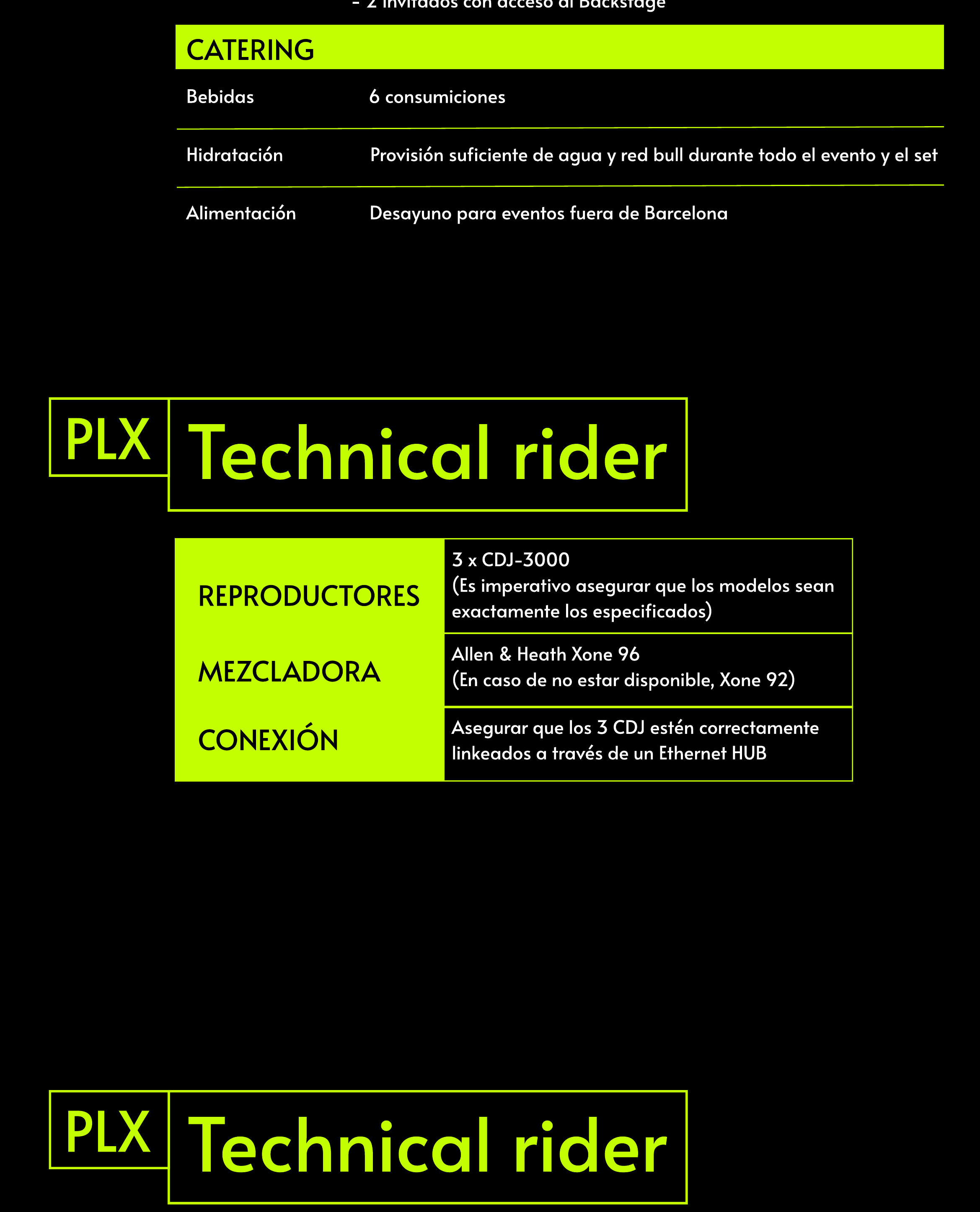 PLX — Hospitality & Technical rider